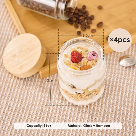 Chenshia 4Pc Overnight Oat Jars Airtight Container Bamboo Lid Glass Food Storage - 470ml