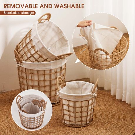 3Pc Woven Hemp Cotton Bedroom Laundry Toy Clothes Storage Basket