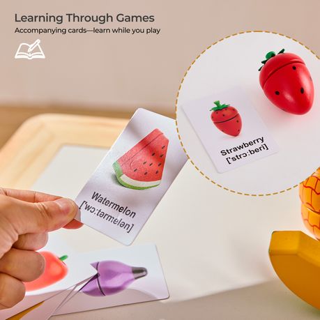 Wooden Fruit Cutting Toy Set with Tray & Learning Cards