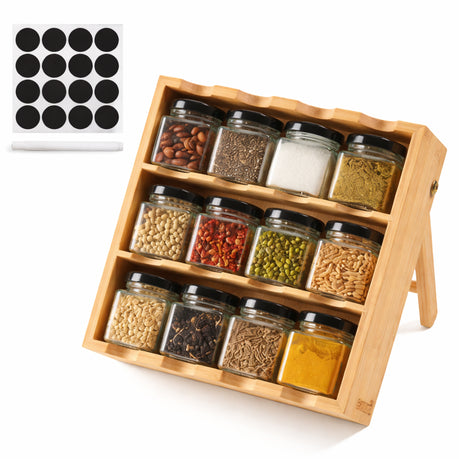 Chenshia 3 Tier Bamboo Spice Rack Shelf with 12 Glass Jars Storage & Labels
