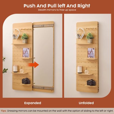 Full-Length Sliding Mirror with Solid Wood Pegboard & Hooks Storage