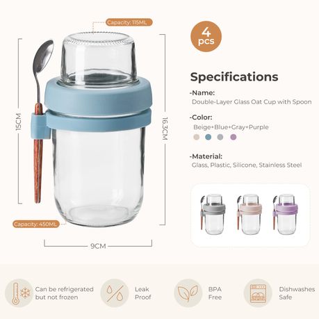 Glass Overnight Oats Jars with Lids & Spoons | 450 ml + 115 ml Topping Cup