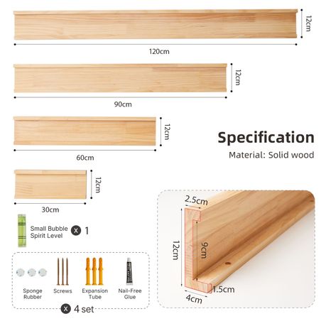 Solid Wood Floating Shelves - 4 Piece Set