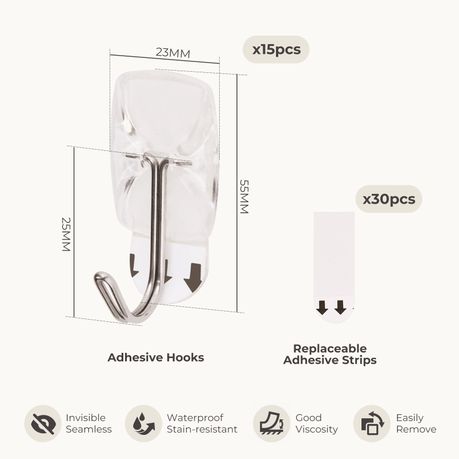 Clear Adhesive Hooks - 15Pc