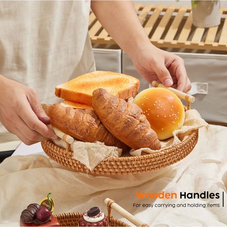 Kitchen Rattan Serving Tray Baskets with Bamboo Handles - 3Pc