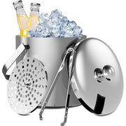 3L Stainless Steel Double Wall Ice Bucket with Lid, Tongs & Strainer