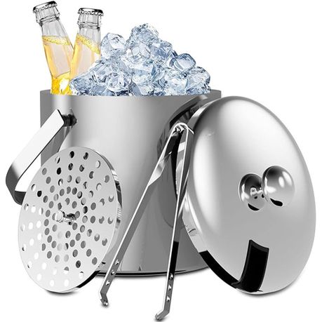 3L Stainless Steel Double Wall Ice Bucket with Lid, Tongs & Strainer