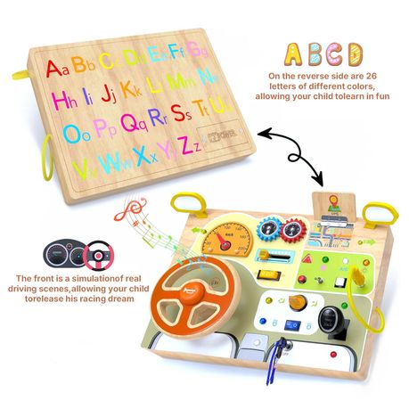 Wooden Car Steering Wheel Busy Board Electronic LED Sensory Travel Toy
