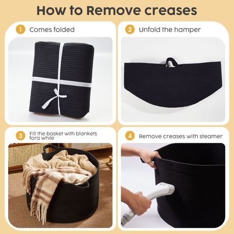 90L Woven Laundry Basket Foldable Storage Hamper Decor Organiser - Black