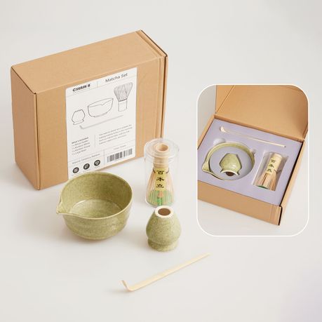 Japanese Matcha Gift Set - 4Pc Ceramic Bowl, Bamboo Whisk & Stand Spout
