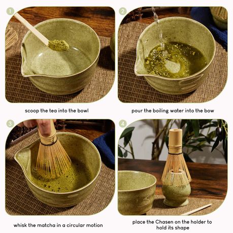 Japanese Matcha Gift Set - 4Pc Ceramic Bowl, Bamboo Whisk & Stand Spout