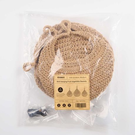 Woven Hanging Fruit Baskets with 6 Hooks - 3 Pack