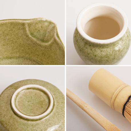 Japanese Matcha Gift Set - 4Pc Ceramic Bowl, Bamboo Whisk & Stand Spout