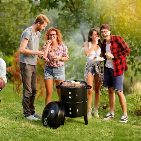 3-in-1 Vertical Charcoal Braai & Smoker BBQ Grill with Thermometer