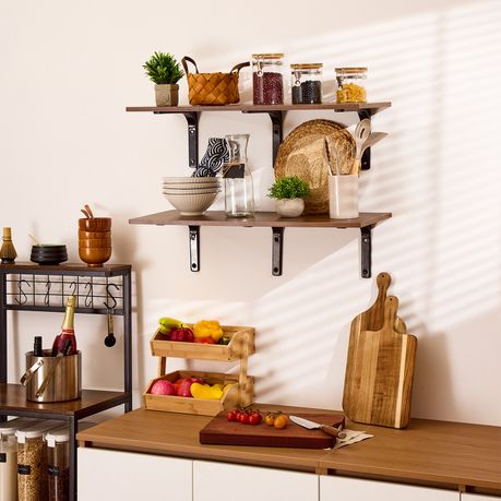 80cm Floating Wall Shelf with Metal Brackets - 2pc Brown