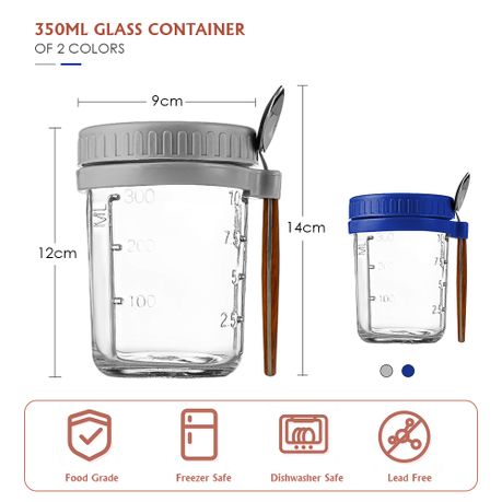 350ml Glass Overnight Oats Jars with Lids and Spoons - 2 Pack