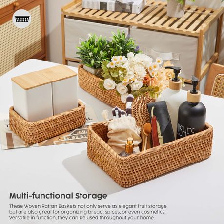Rattan Storage Baskets 3Pc Handwoven Rectangular Nesting Wicker Trays