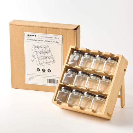 Chenshia 3 Tier Bamboo Spice Rack Shelf with 12 Glass Jars Storage & Labels