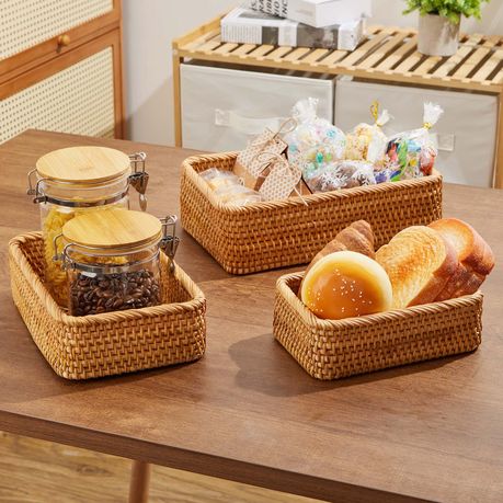Rattan Storage Baskets 3Pc Handwoven Rectangular Nesting Wicker Trays