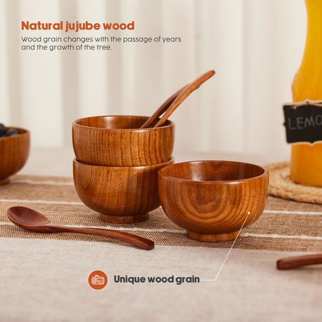 Handcrafted Wooden Bowl & Spoon Set - 4 Bowls & 4 Spoons
