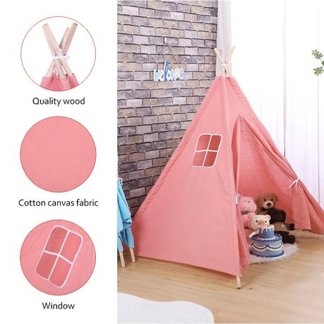Kids Teepee Tent Cotton Canvas Indoor Playroom Playhouse Nook - Pink