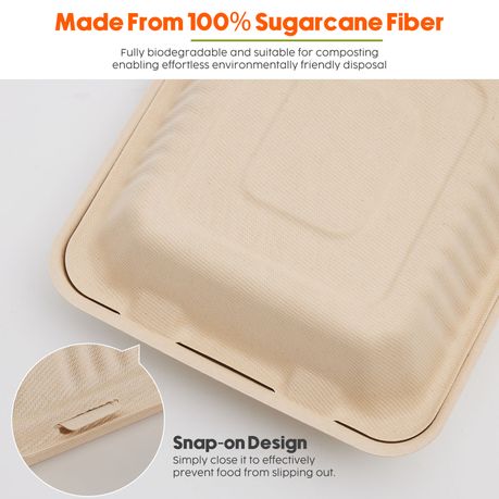 50PCS Sugarcane Take Out Containers Meal Prep Food Storage -1200ml