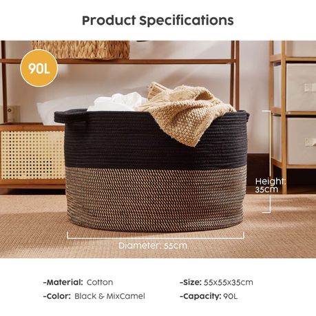 90L Woven Laundry Basket Foldable Storage Hamper - Black & Brown