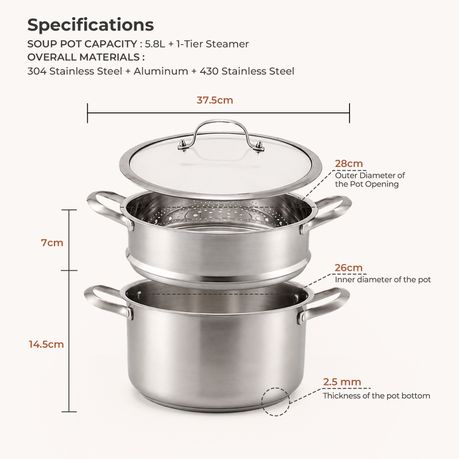 Stainless Steel Steamer Pot with Glass Lid - 5.8 L