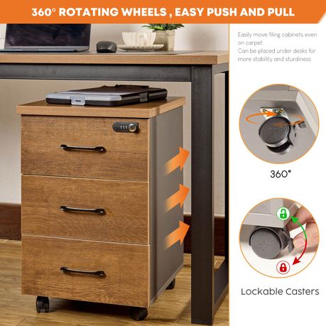 3-Drawer Office Cabinet with Wheels Wood Storage Filing Organizer