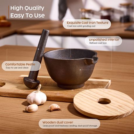 Cast Iron Mortar & Pestle with Lid Grinder Spice Mixing Tools 15cm
