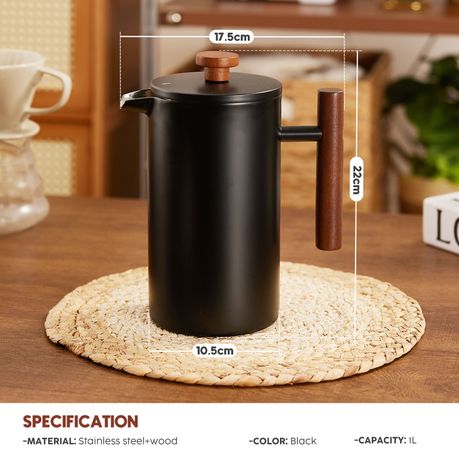 1L Stainless Steel French Press Coffee Maker - Black