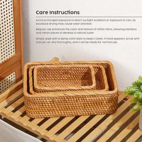 Rattan Storage Baskets 3Pc Handwoven Rectangular Nesting Wicker Trays