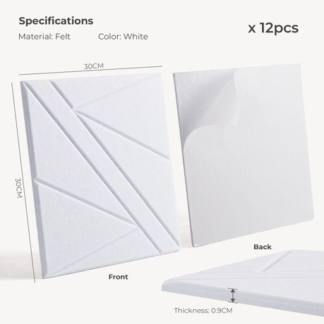 White Self-Adhesive Acoustic Felt Panels | 12-Pack | 30 × 30 cm