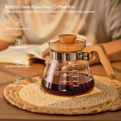 600ml Glass Pour Over Coffee Server With Wooden Handle & Spout