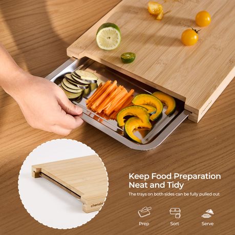 Bamboo Cutting Board with 2 Pull-Out Stainless Steel Trays