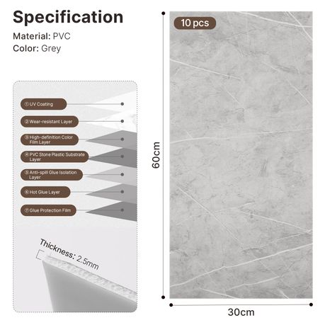 Marble Peel & Stick Vinyl Wall Tiles 30x60cm - 10 Pack