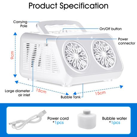 White Dual-Fan Automatic Bubble Machine | 20,000+ Bubbles | LED Lights