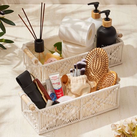 Boho Cotton Rope Storage Basket Woven Macrame Organizer Bin Twin Pack