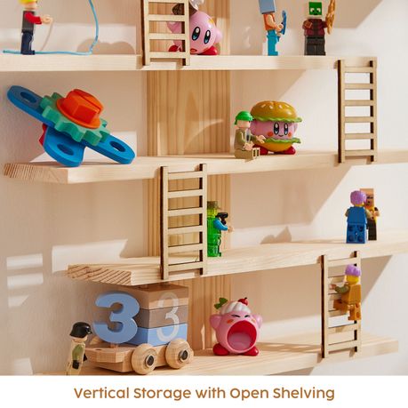 5-Tier Natural Pine Wood Floating Toy Display Shelf