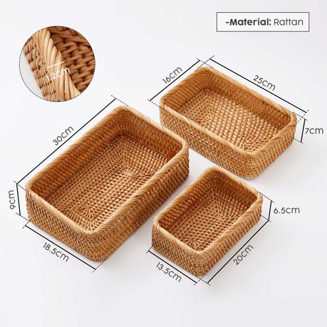 Rattan Storage Baskets 3Pc Handwoven Rectangular Nesting Wicker Trays