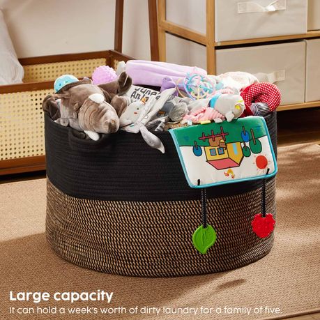 90L Woven Laundry Basket Foldable Storage Hamper - Black & Brown