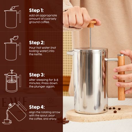 1L Stainless Steel French Press Coffee Maker - Silver