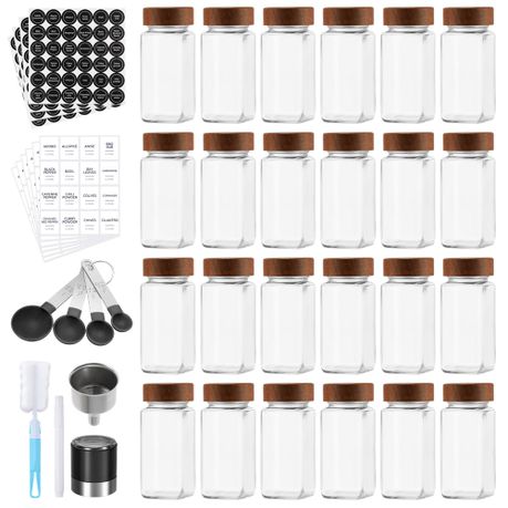 Chenshia 24-Piece Spice Jar Set Walnut Lids-Labels, Grinder, Pen & Funnel