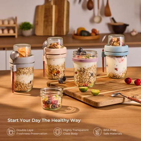 2-Pack Glass Overnight Oats Jars with Lids & Spoons | 450 ml + 115 ml Topping Cup
