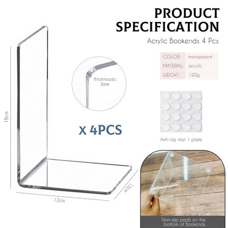 Chenshia -4Pcs Clear Acrylic Bookends For Book Stopper, Shelves, Desk, Home
