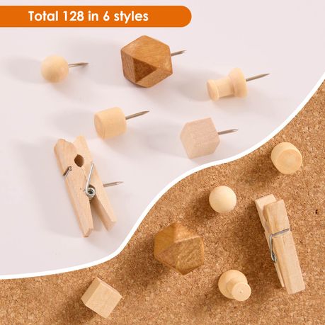 Chenshia 128pc Wood Push Pins Thumb Tack for Decorative Wall Bulletin Board