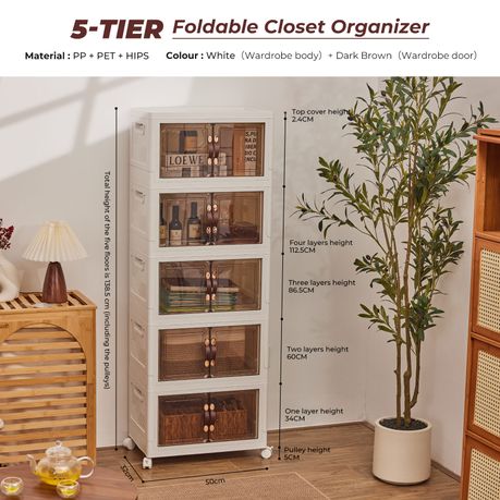Chenshia 5-Tier Collapsible Storage Organizer Magnetic Doors Rolling Closet