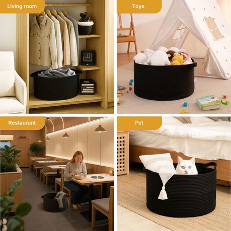 90L Woven Laundry Basket Foldable Storage Hamper Decor Organiser - Black