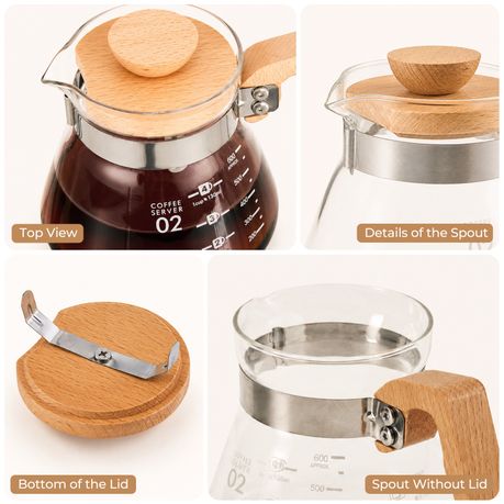 600ml Glass Pour Over Coffee Server With Wooden Handle & Spout