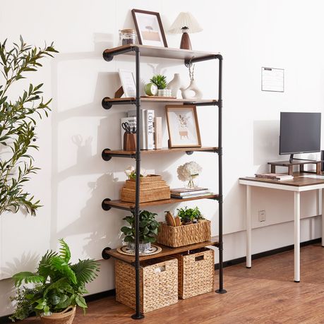 Chenshia 5-Tier Industrial Wall Mount Iron Pipe Shelving Bracket DIY Shelf